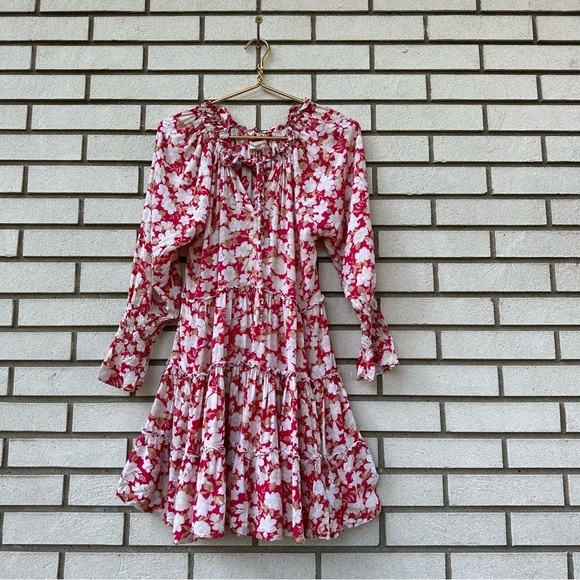 Barefoot Blonde Palm Beach Leilani Dress Pink White Floral Boho Tiered Rayon XS - Picture 5 of 15